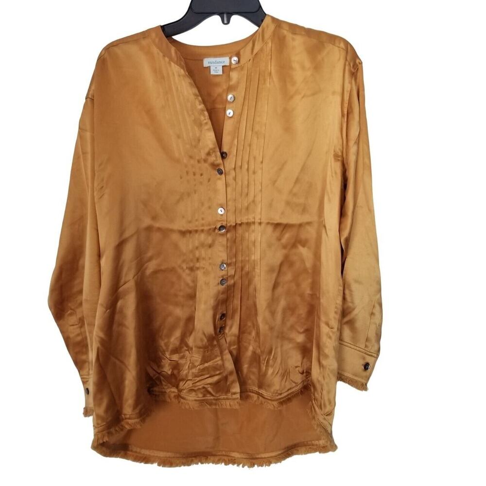 Sundance Womens Silk Pintuck Tunic Sz M Shiny Boho Gold Quiet Luxury Minimalist